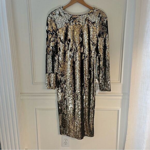 Dress The Population Natalie Long Sleep Low Back Sequin Dress Gold, Size XL, NWT - Picture 3 of 14